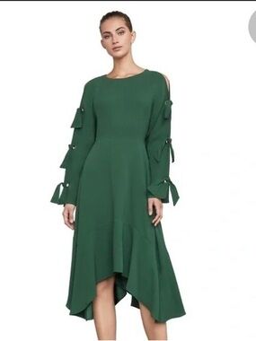 BCBGMAXAZRIA Cicely Emerald Green Asymmetrical Hem Sleeve Tie Dress Size 6